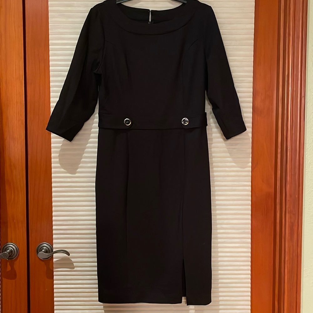 New York & Company Black Sheath Dress with Button Waist Detail